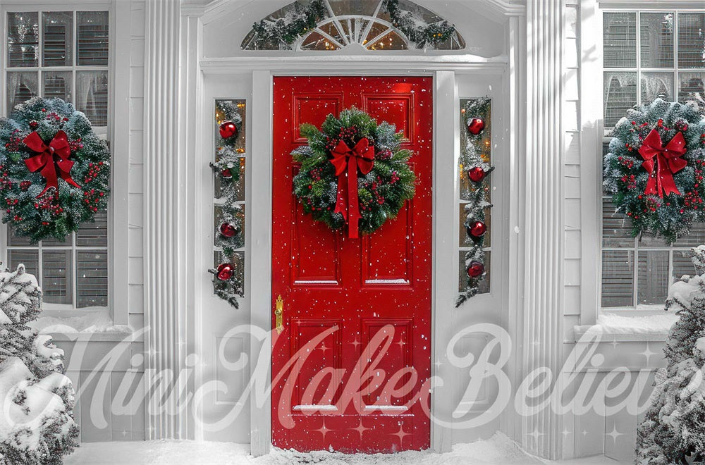Kate Noël Extérieur Neige Porte rouge Hiver Toile de fond conçue par Mini MakeBelieve - Kate Backdrop FR