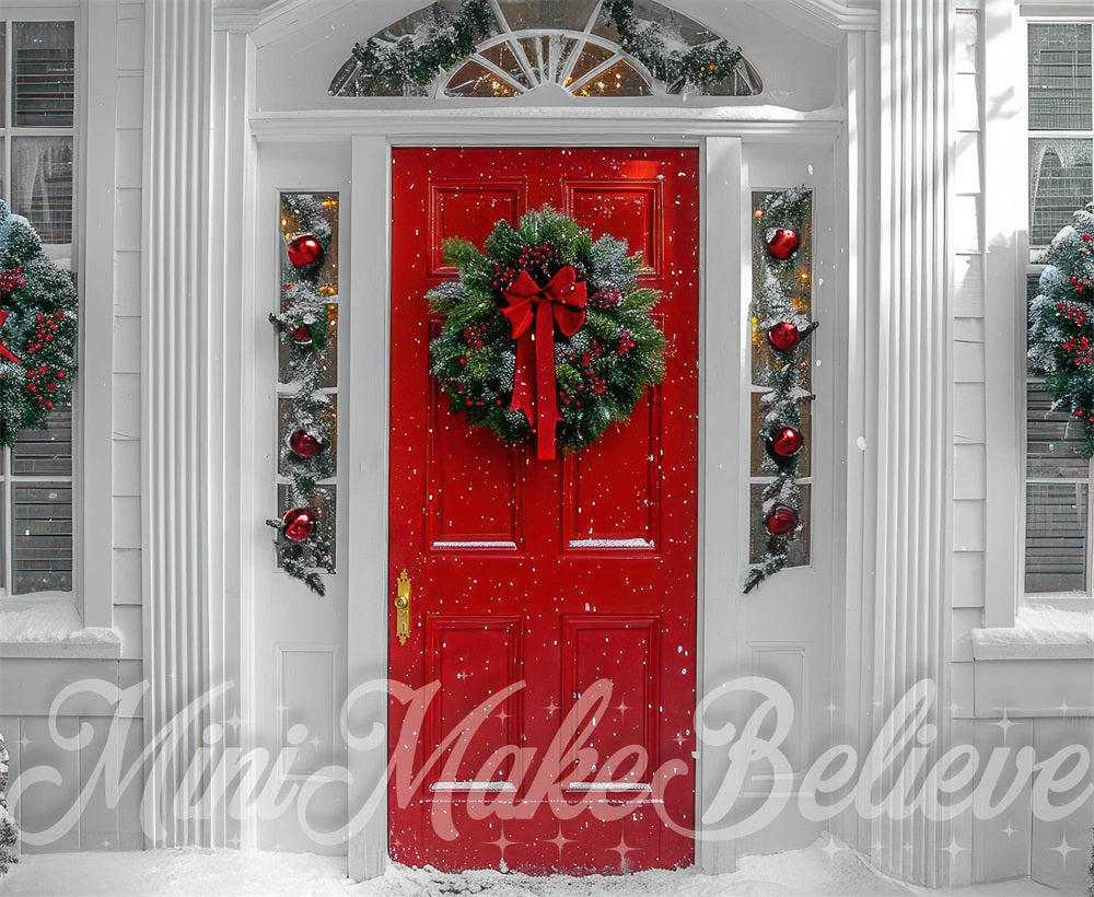Kate Noël Extérieur Neige Porte rouge Hiver Toile de fond conçue par Mini MakeBelieve - Kate Backdrop FR