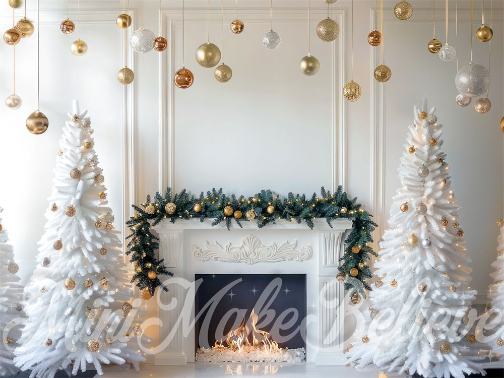 Kate Blanc Noël Décors Dorés Rétro Cheminée Toile de fond conçue par Mini MakeBelieve - Kate Backdrop FR