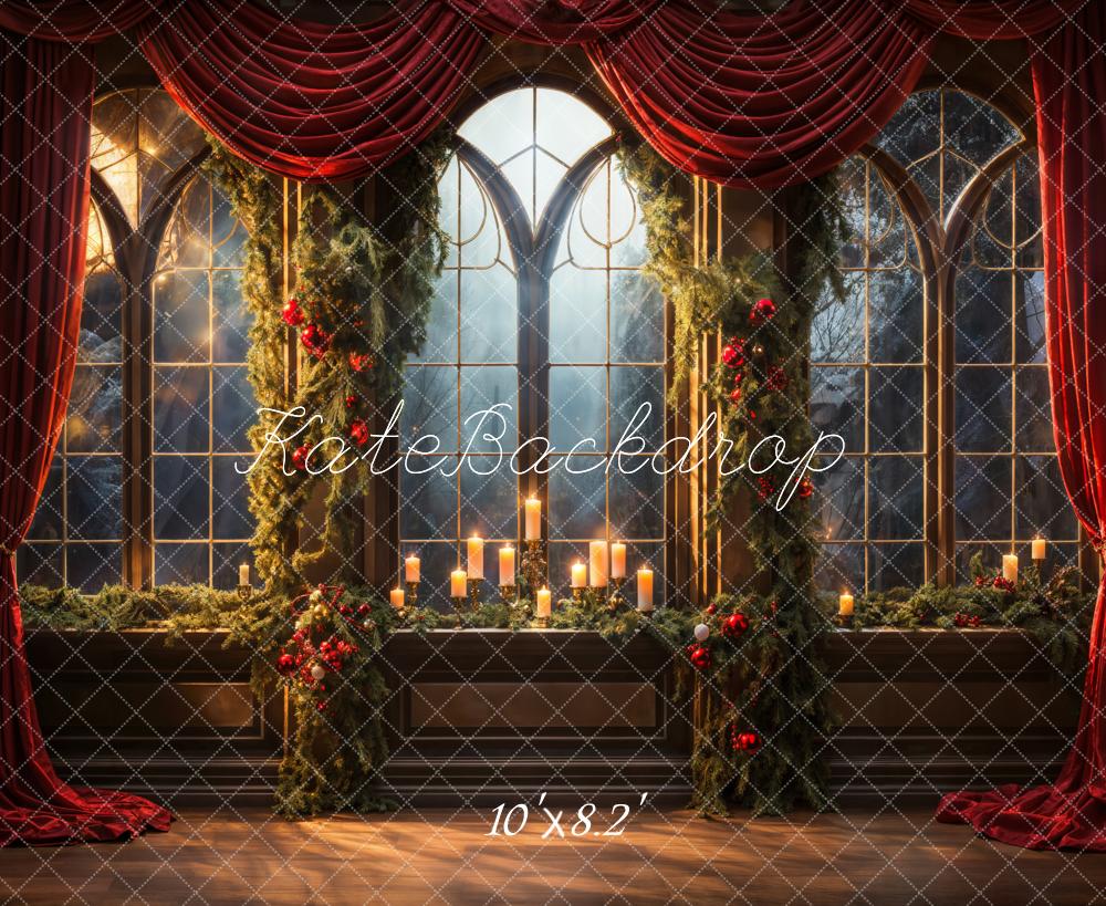 Kate Noël Rideau rouge Bougies Fenêtre Intérieur Toile de fond conçue par Emetselch - Kate Backdrop FR
