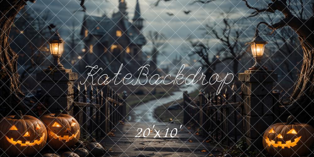 Kate Halloween Forêt Pont de bois Château Sombre Toile de fond conçue par Emetselch