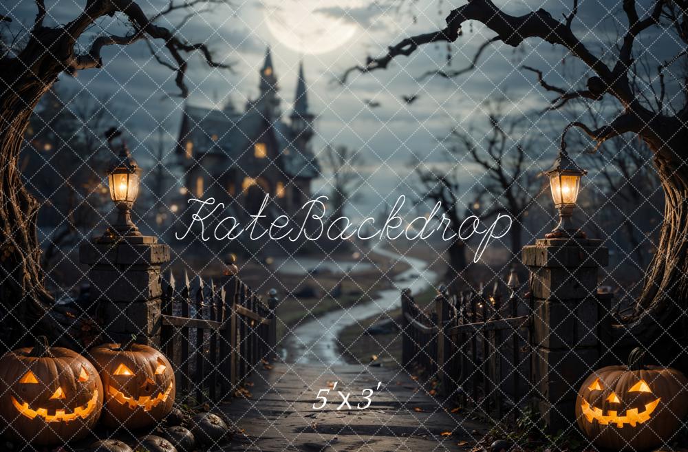 Kate Halloween Forêt Pont de bois Château Sombre Toile de fond conçue par Emetselch