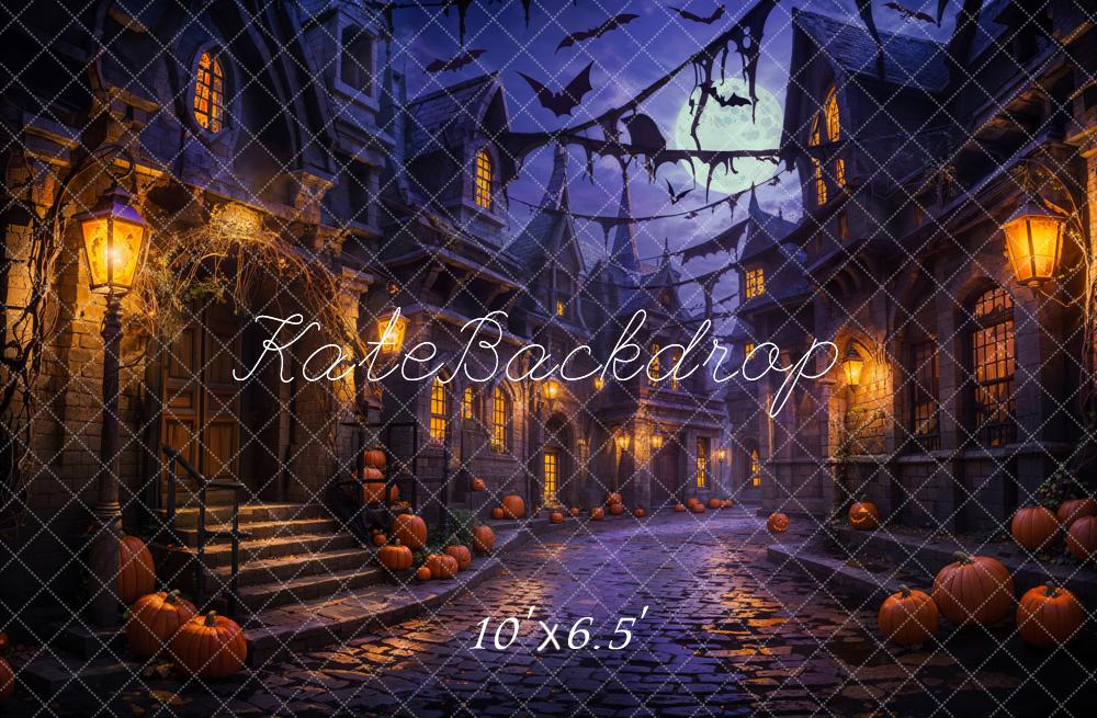 Kate Halloween Nuit Citrouille Rue Chauve-souris Toile de fond conçue par Emetselch - Kate Backdrop FR
