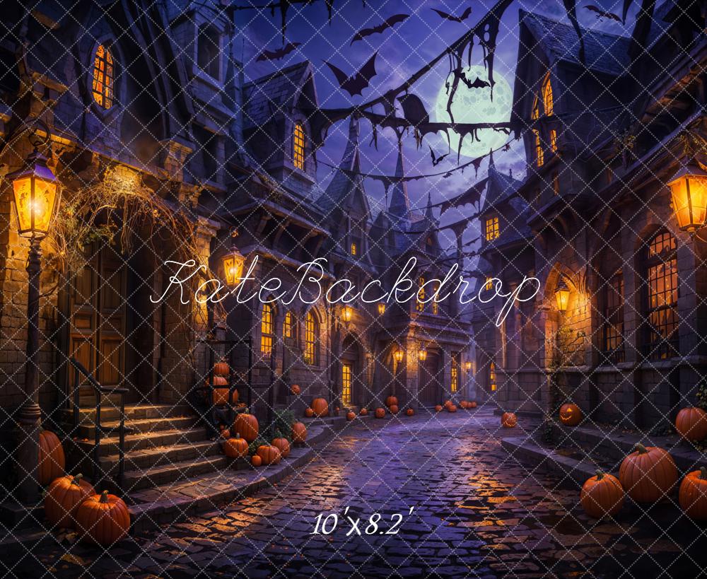 Kate Halloween Nuit Citrouille Rue Chauve-souris Toile de fond conçue par Emetselch - Kate Backdrop FR