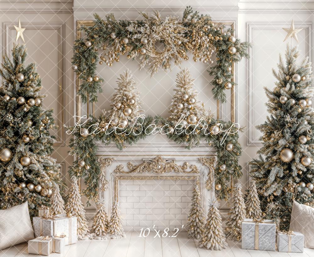 Kate Sapin de Noël Blanc Cheminée en briques Toile de fond conçue par Emetselch - Kate Backdrop FR