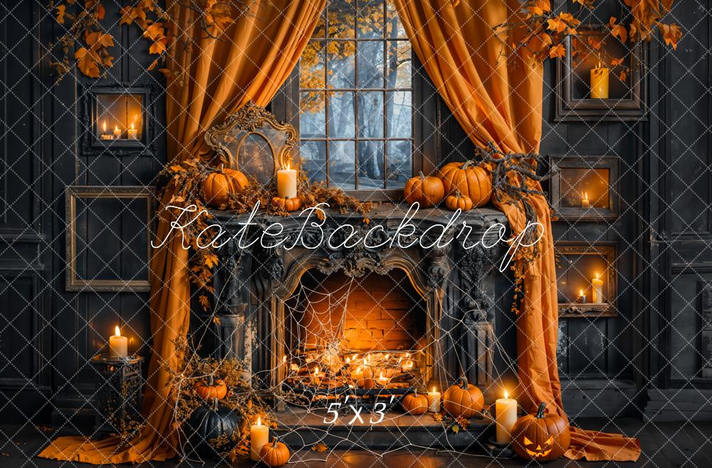 Kate Automne Halloween Citrouille Cheminée Noir Toile de fond conçue par Emetselch - Kate Backdrop FR