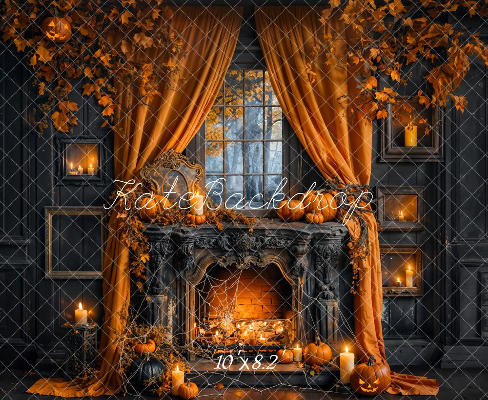 Kate Automne Halloween Citrouille Cheminée Noir Toile de fond conçue par Emetselch - Kate Backdrop FR