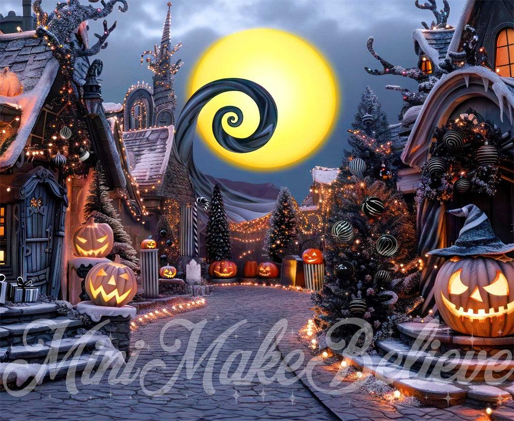 Kate Halloween Citrouille Sombre Ville Rue Toile de fond conçue par Mini MakeBelieve - Kate Backdrop FR