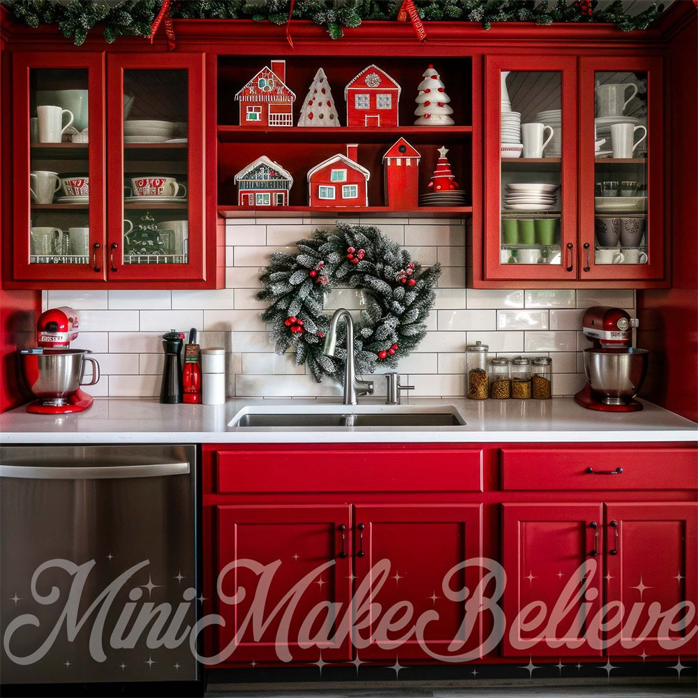 Kate Noël Intérieur Cuisine Rouge Moderne Toile de fond conçue par Mini MakeBelieve - Kate Backdrop FR