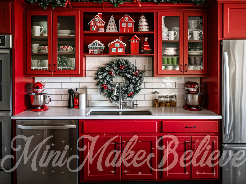 Kate Noël Intérieur Cuisine Rouge Moderne Toile de fond conçue par Mini MakeBelieve - Kate Backdrop FR