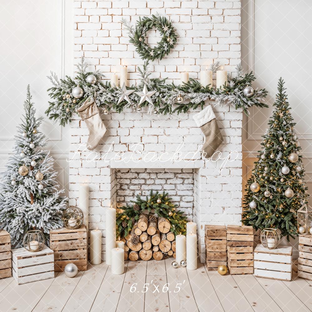 Kate Sapin de Noël Blanc Cheminée en brique Bois Toile de fond conçue par Emetselch - Kate Backdrop FR