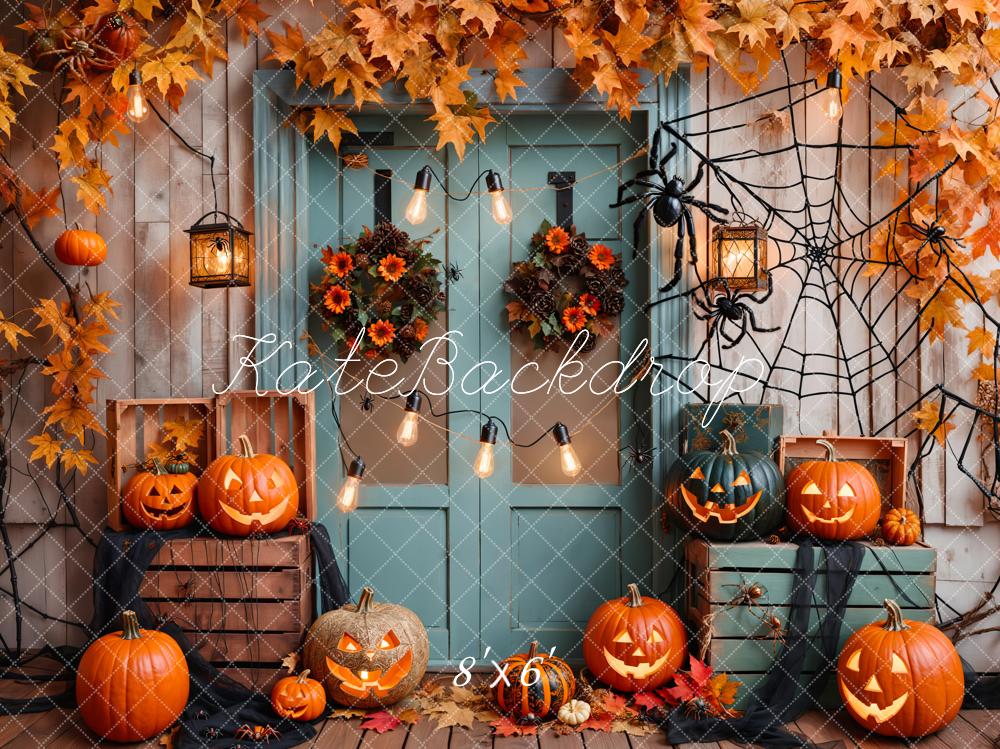 Kate Halloween Citrouille Érable Porte bleue Toile de fond conçue par Emetselch - Kate Backdrop FR