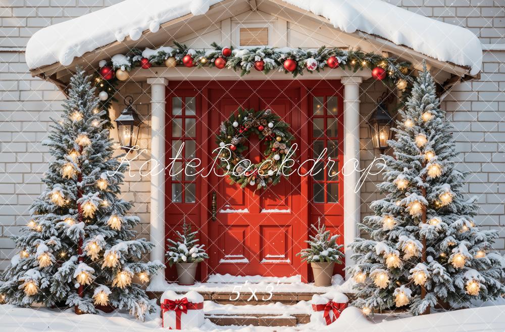 Kate Noël Porte Mur de briques Neige Maison Toile de fond conçue par Emetselch - Kate Backdrop FR