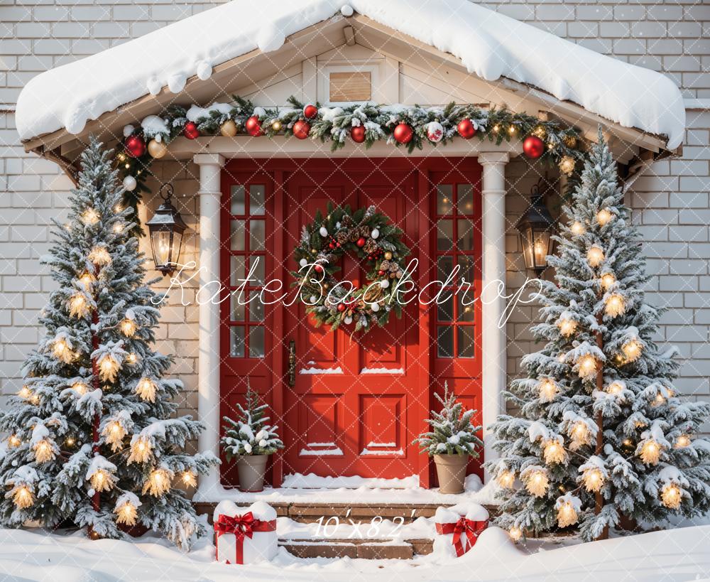 Kate Noël Porte Mur de briques Neige Maison Toile de fond conçue par Emetselch - Kate Backdrop FR