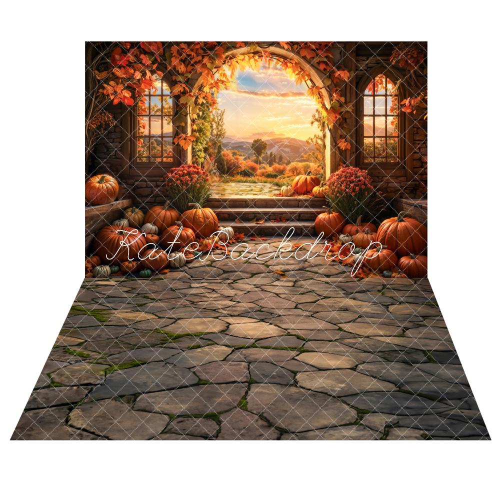 Offres Éclair Kate Automne Coucher de soleil Citrouille Arche Toile de fond+Brun Chemin de pierre Sol Toile de fond - Kate Backdrop FR