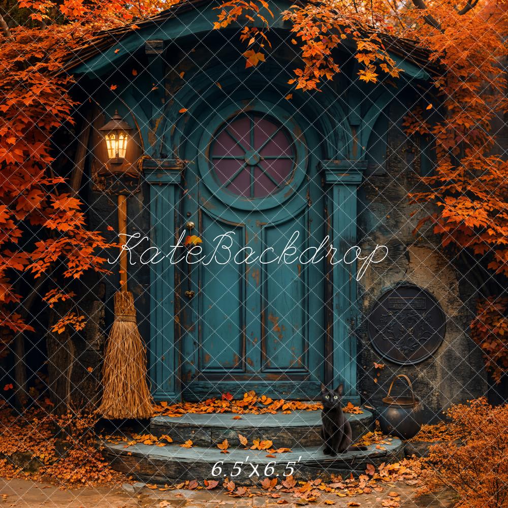 Kate Automne Feuille d'érable Rouge Porte bleue Toile de fond conçue par Emetselch - Kate Backdrop FR