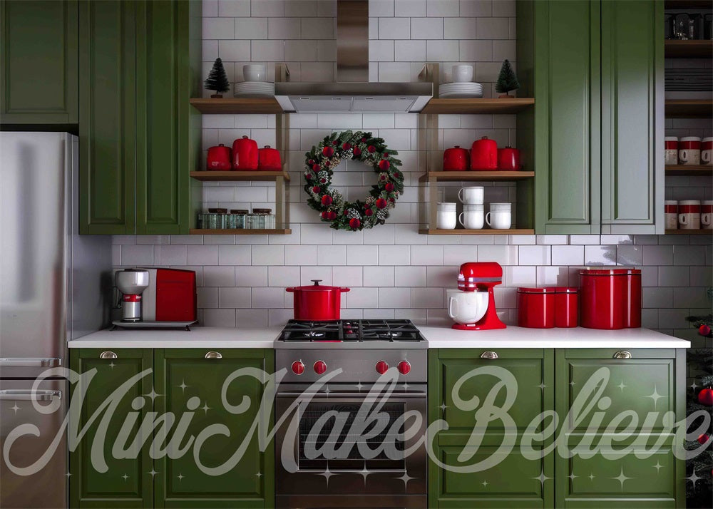 Kate Noël Moderne Cuisine verte Mur Blanc Toile de fond conçue par Mini MakeBelieve - Kate Backdrop FR