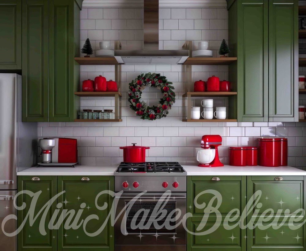Kate Noël Moderne Cuisine verte Mur Blanc Toile de fond conçue par Mini MakeBelieve - Kate Backdrop FR