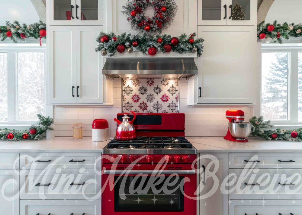 Kate Noël Cuisine blanche Moderne Four rouge Toile de fond conçue par Mini MakeBelieve - Kate Backdrop FR