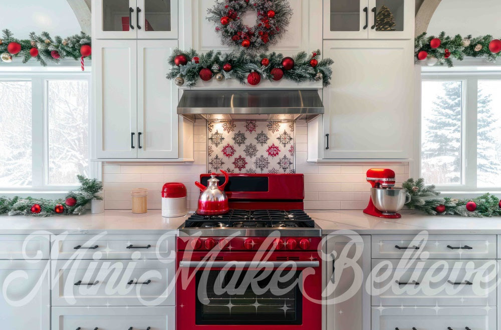 Kate Noël Cuisine blanche Moderne Four rouge Toile de fond conçue par Mini MakeBelieve - Kate Backdrop FR