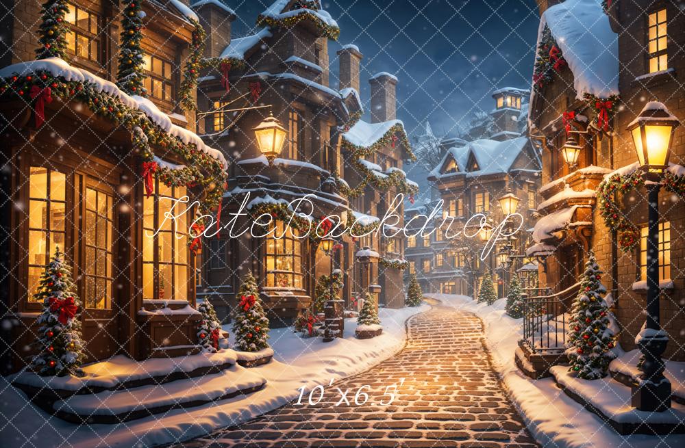 Kate Noël Hiver Nuit Rue Magasins Neige Toile de fond conçue par Emetselch - Kate Backdrop FR