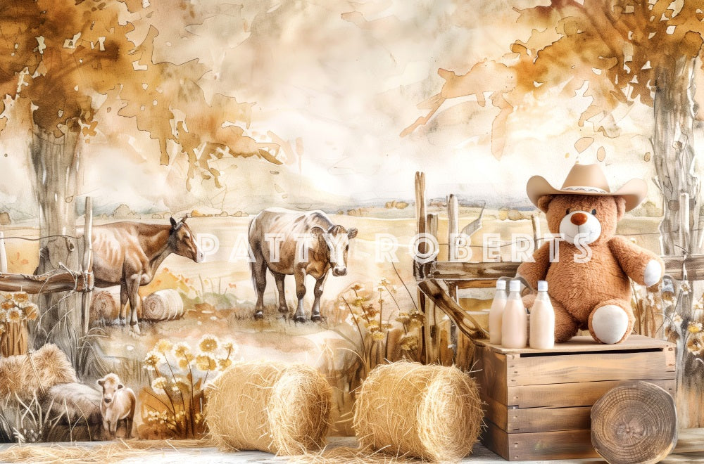 Kate Ferme Lait Bœuf Ours Cake smash Beige Toile de fond conçue par Patty Robert - Kate Backdrop FR