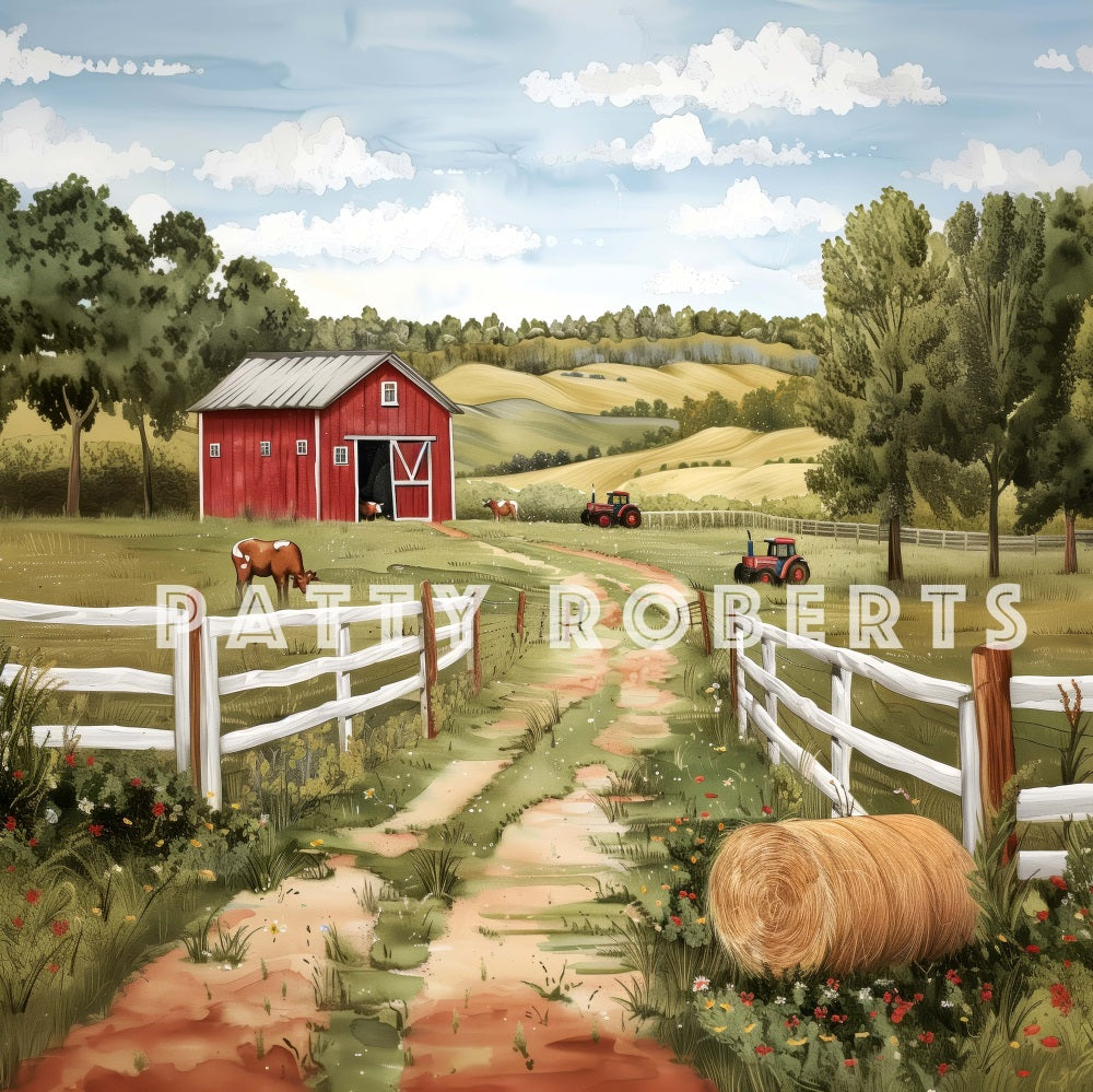 Kate Été Extérieur Ferme Maison Rouge Toile de fond conçue par Patty Roberts