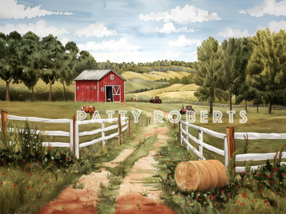 Kate Été Extérieur Ferme Maison Rouge Toile de fond conçue par Patty Roberts