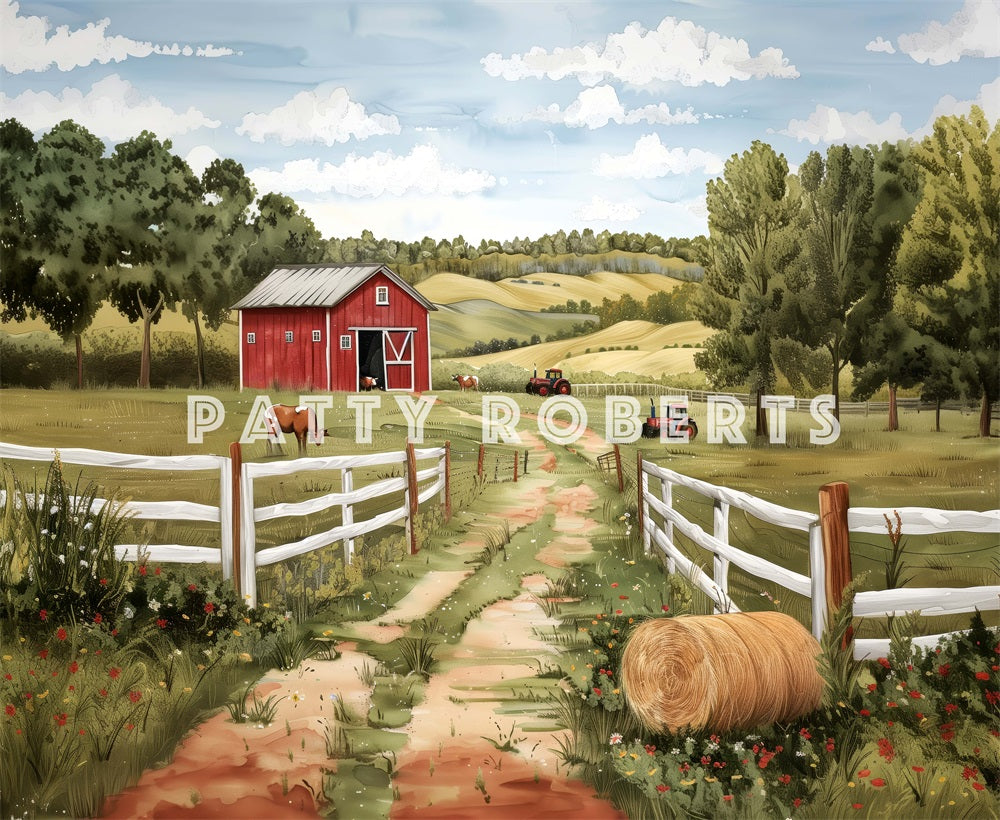 Kate Été Extérieur Ferme Maison Rouge Toile de fond conçue par Patty Roberts