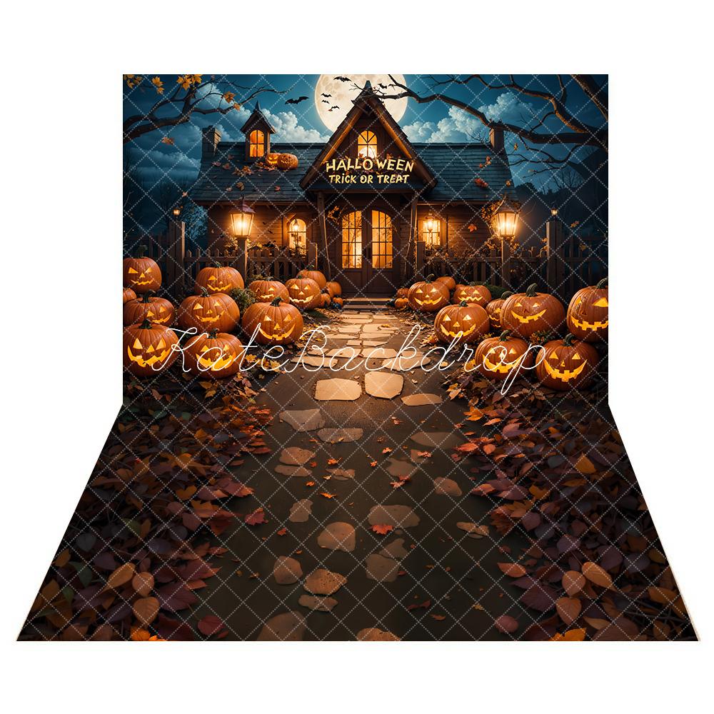 Offres Éclair-Kate Halloween Extérieur Forêt Citrouille Chalet Toile de fond+Forêt Feuilles tombées Chemin Sol Toile de fond - Kate Backdrop FR