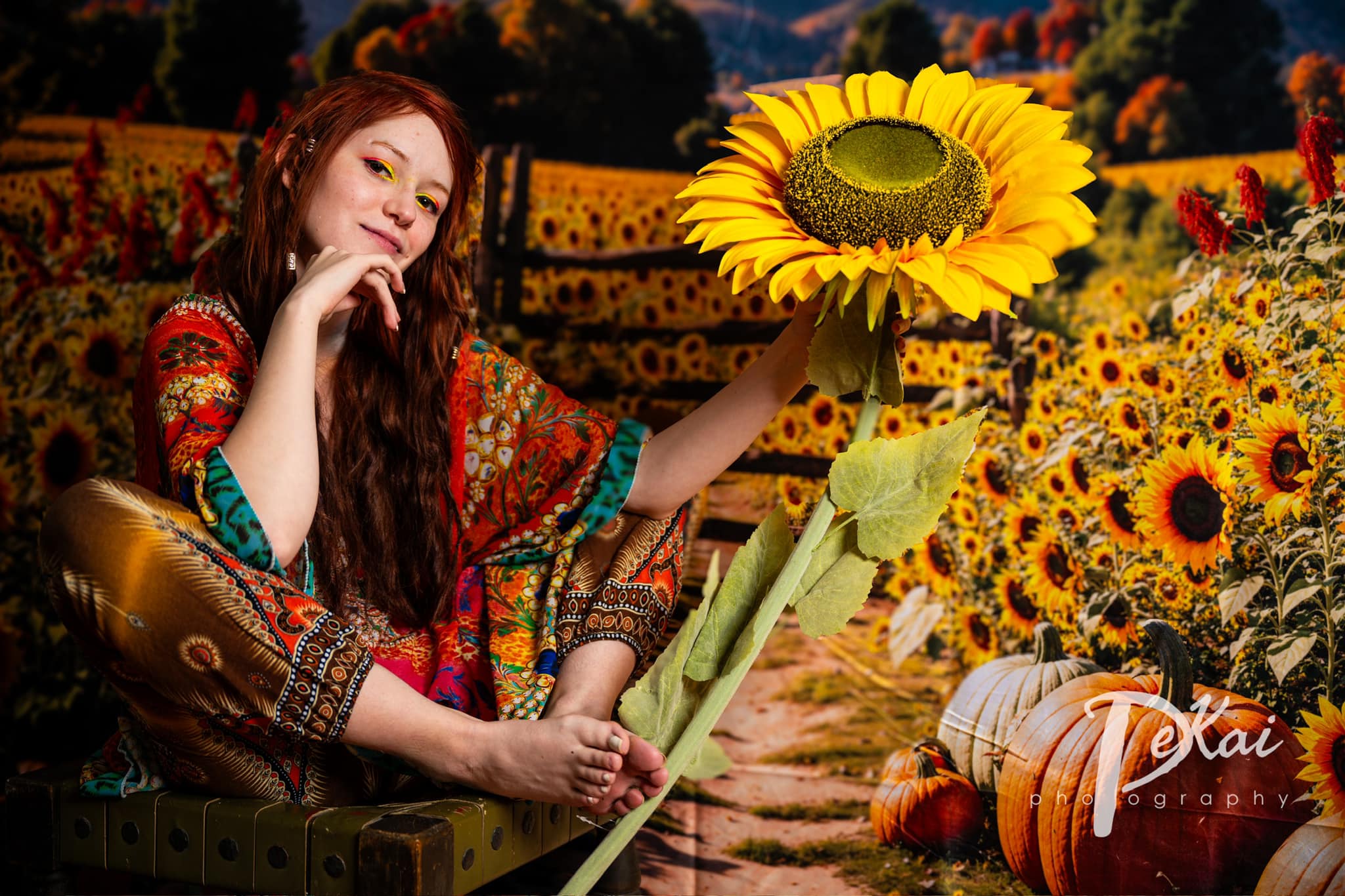 Kate Automne Tournesol Champ Citrouilles Ferme Toile de fond+Forêt Ombre Prairie Chemin Sol Toile de fond - Kate Backdrop FR