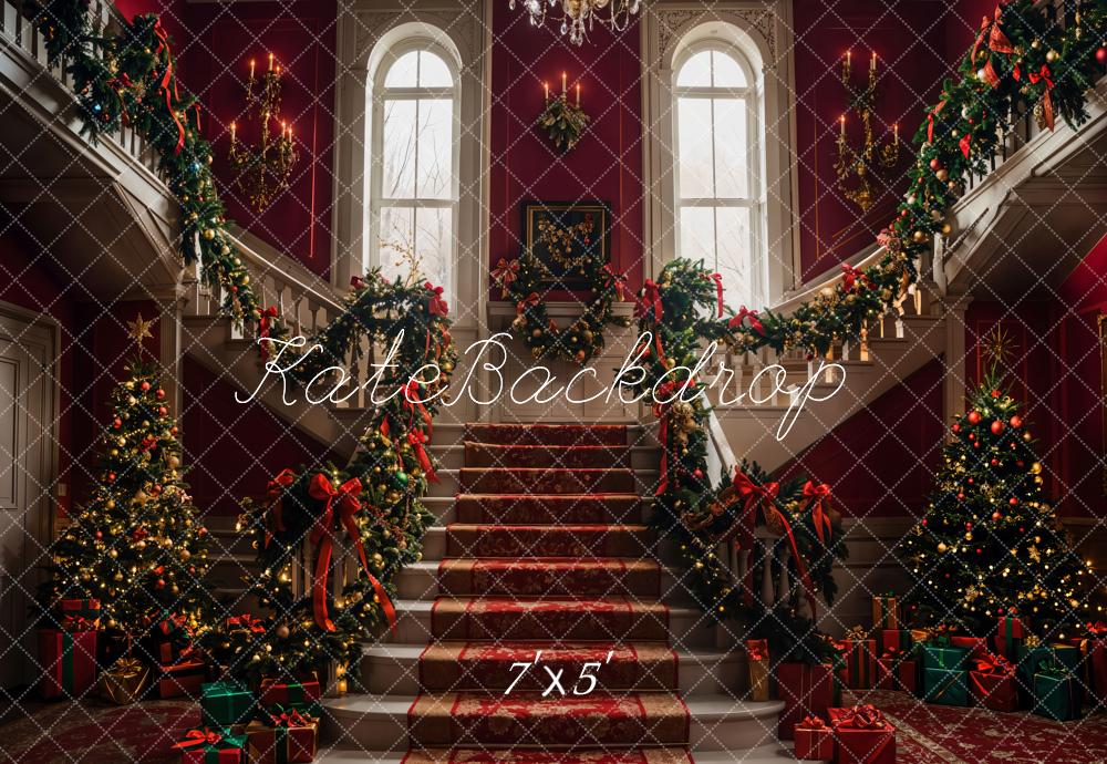 Kate Sapin de Noël Rétro Grand escalier Rouge Toile de fond conçue par Emetselch - Kate Backdrop FR