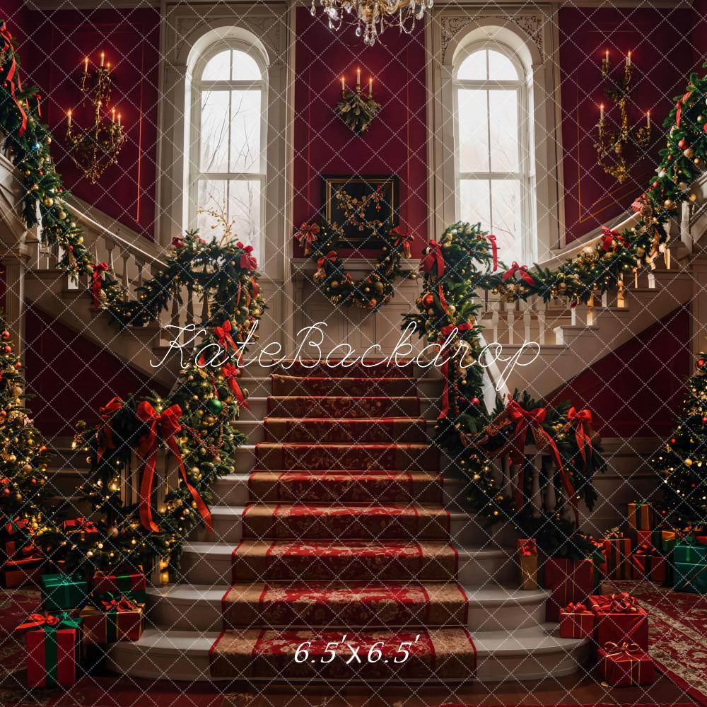 Kate Sapin de Noël Rétro Grand escalier Rouge Toile de fond conçue par Emetselch - Kate Backdrop FR