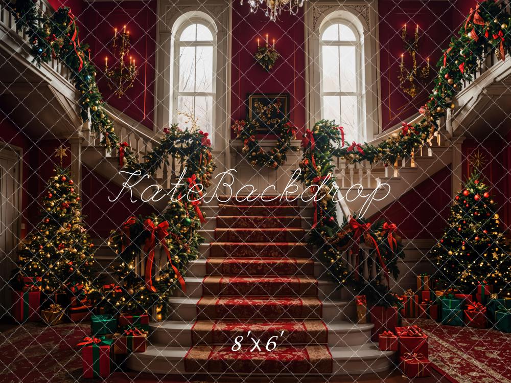 Kate Sapin de Noël Rétro Grand escalier Rouge Toile de fond conçue par Emetselch - Kate Backdrop FR