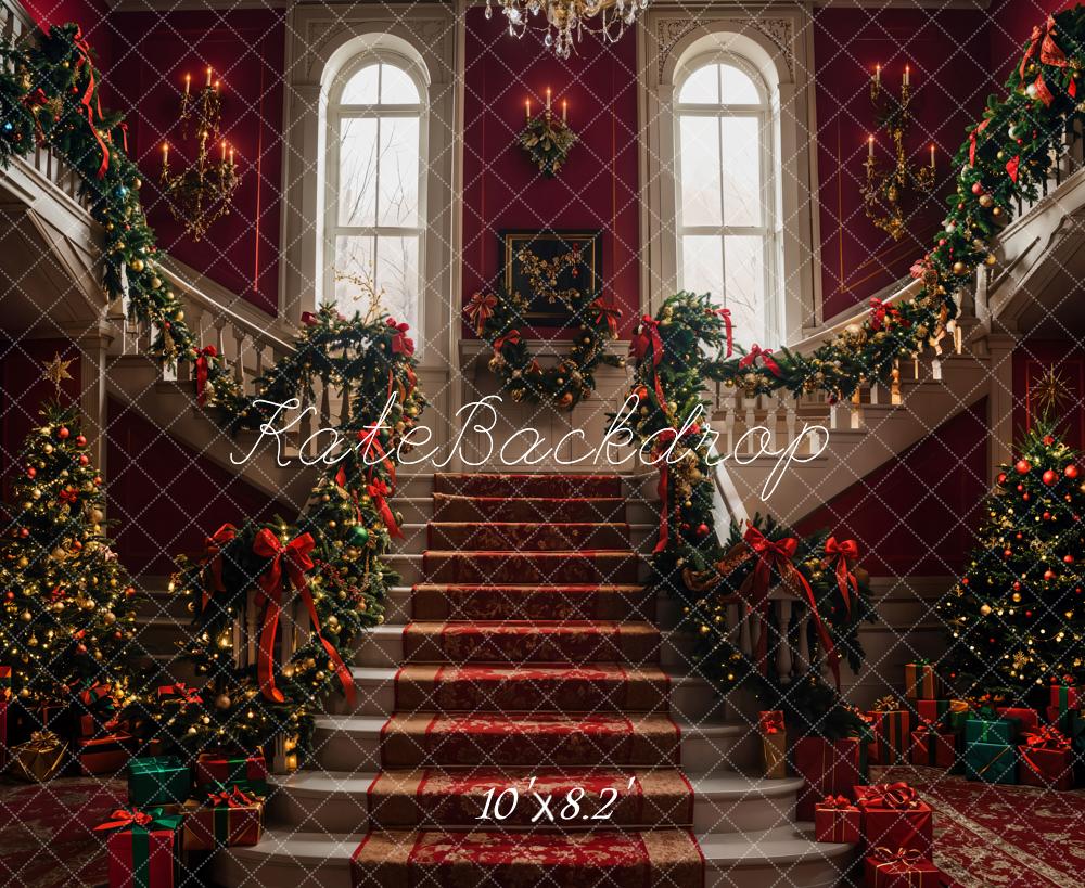 Kate Sapin de Noël Rétro Grand escalier Rouge Toile de fond conçue par Emetselch - Kate Backdrop FR