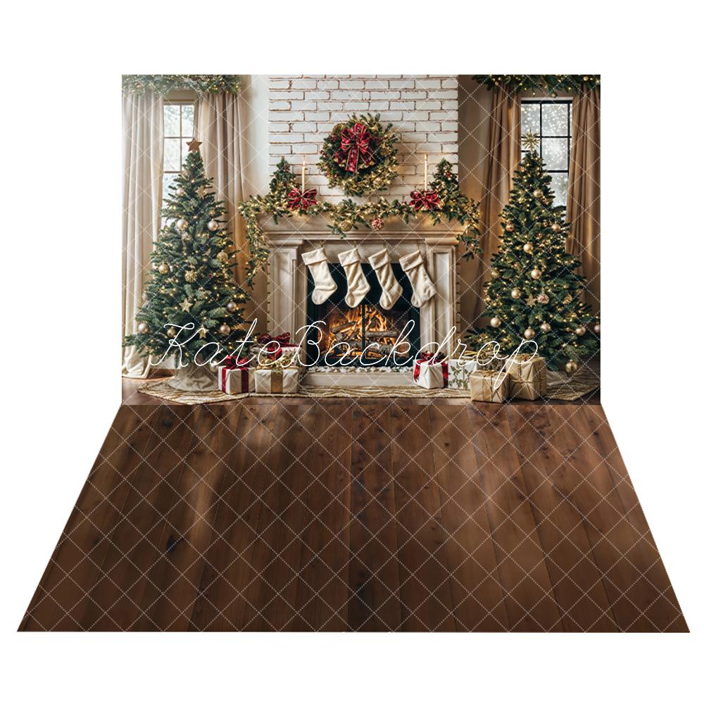 Offres Éclair Kate Sapin de Noël Cheminée Rétro Chaussette Toile de fond+Marron foncé Sol en bois Toile de fond - Kate Backdrop FR