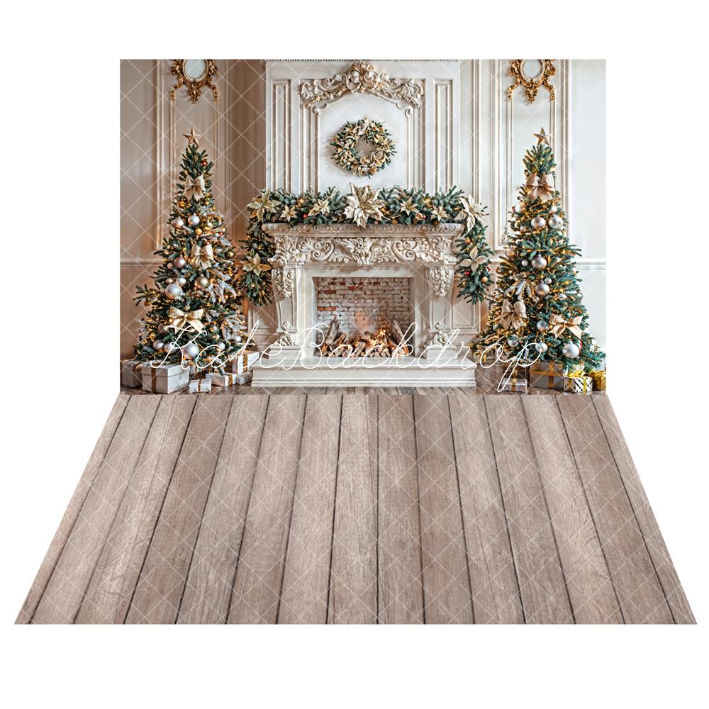Kate Noël Blanc Rétro Cheminée Couronne Toile de fond+Marron clair Parquet Sol en bois Toile de fond - Kate Backdrop FR