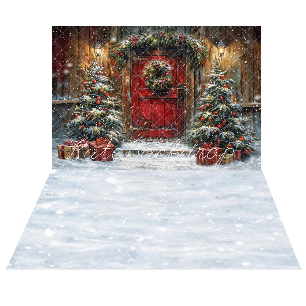 Kate Hiver Noël Porte Neige Cabane en bois Toile de fond+Hiver Neige Blanc Sol Toile de fond - Kate Backdrop FR