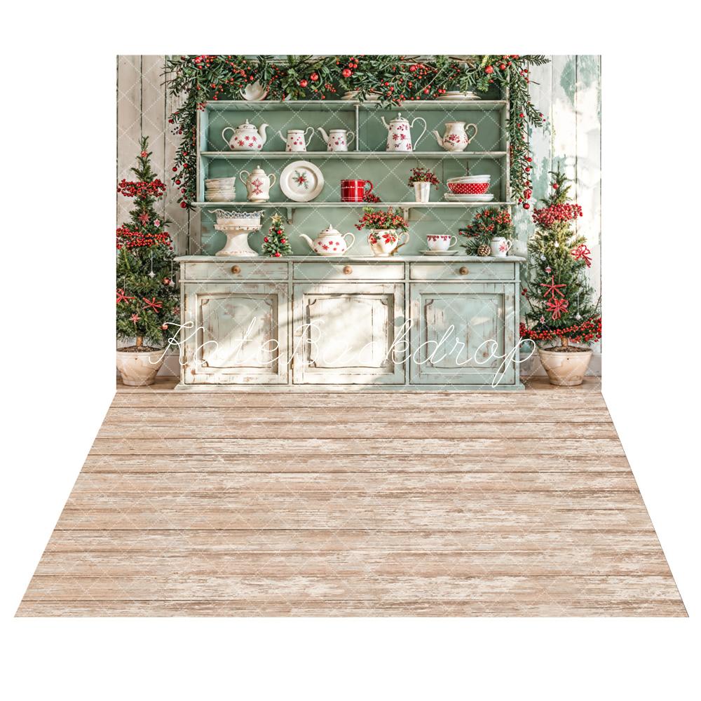 Kate Noël Cuisine Soleil Armoire Vert Décors Toile de fond+Brun Plancher en bois Sol Toile de fond - Kate Backdrop FR