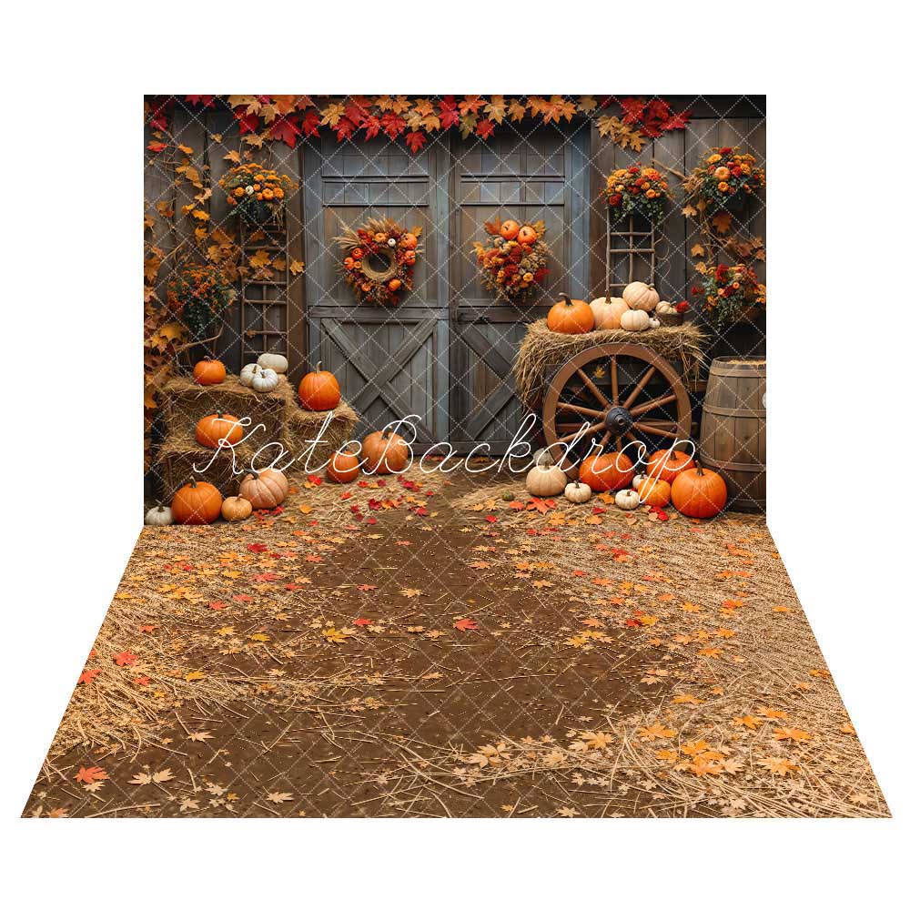 Kate Automne Grange Porte en bois Érable Citrouille Toile de fond+Feuilles d'érable Chemin Sol Toile de fond - Kate Backdrop FR
