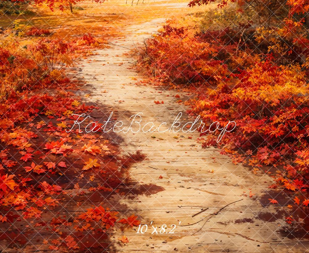 Kate Automne Rouge Feuilles d'érable Chemin Sol Toile de fond conçue par Kate Image - Kate Backdrop FR