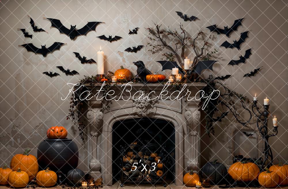 Kate Halloween Chauve-souris Gris Cheminée Rétro Toile de fond conçue par Emetselch - Kate Backdrop FR