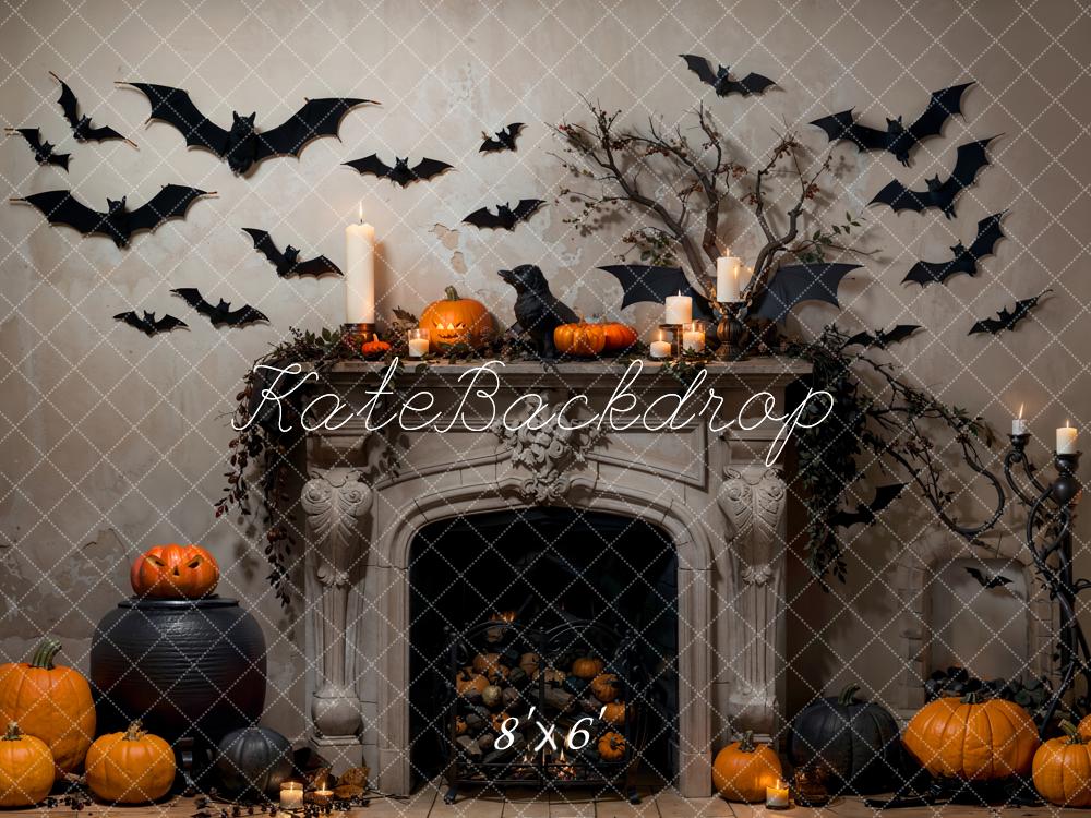 Kate Halloween Chauve-souris Gris Cheminée Rétro Toile de fond conçue par Emetselch - Kate Backdrop FR