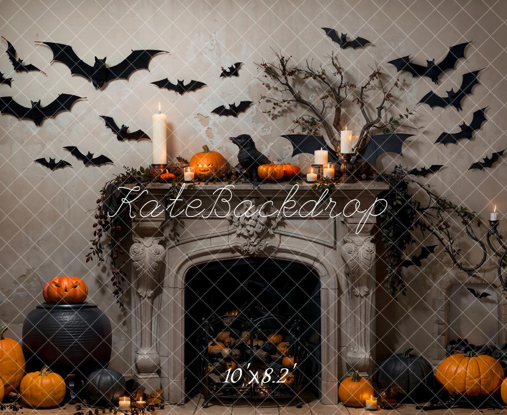 Kate Halloween Chauve-souris Gris Cheminée Rétro Toile de fond conçue par Emetselch - Kate Backdrop FR