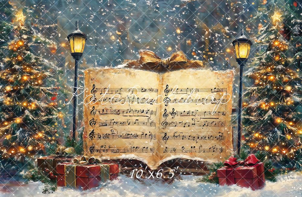 Kate Arbre de Noël Partitions Neige Musique Toile de fond conçue par GQ - Kate Backdrop FR