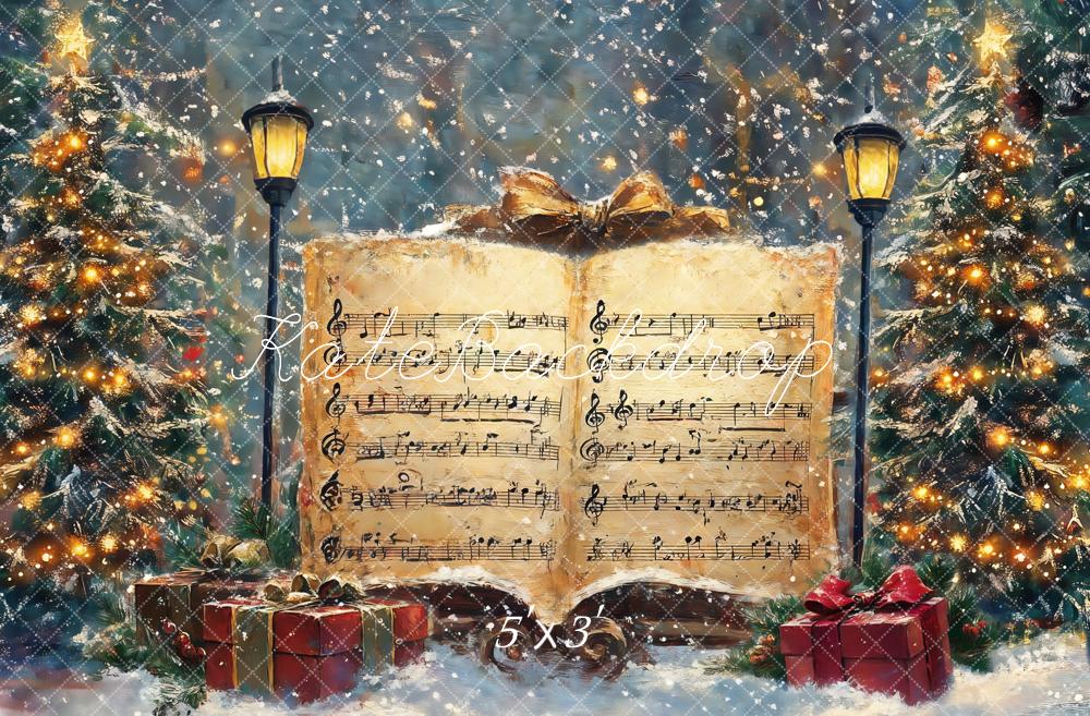 Kate Arbre de Noël Partitions Neige Musique Toile de fond conçue par GQ - Kate Backdrop FR