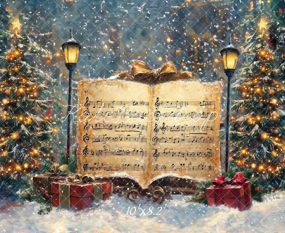 Kate Arbre de Noël Partitions Neige Musique Toile de fond conçue par GQ - Kate Backdrop FR