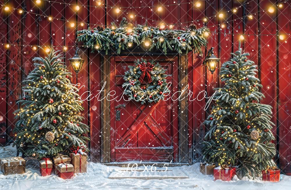 Kate Arbre de Noël Rouge Grange Porte Neige Toile de fond conçue par Emetselch - Kate Backdrop FR