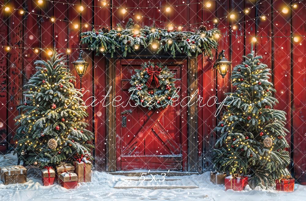 Kate Arbre de Noël Rouge Grange Porte Neige Toile de fond conçue par Emetselch - Kate Backdrop FR
