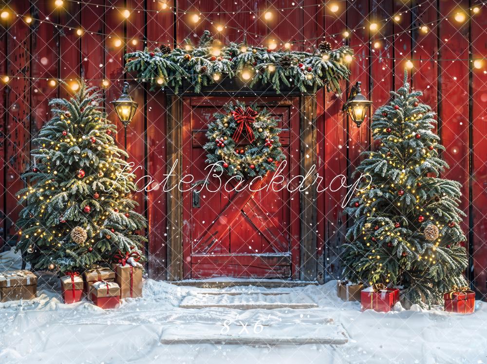 Kate Arbre de Noël Rouge Grange Porte Neige Toile de fond conçue par Emetselch - Kate Backdrop FR